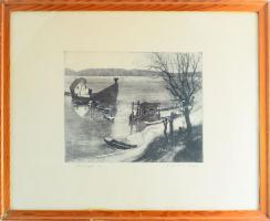 Gaál Domokos (1940-2009): Bárkák II. Rézkarc, papír, jelzett, üvegezett fakeretben, 22×27 cm