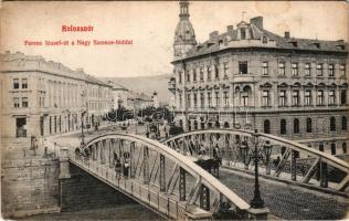 1908 Kolozsvár, Cluj; Ferenc József út, Nagy Szamos híd, Fesztinger Dávid üzlete. Ujhelyis és Boros kiadása / street, Somes bridge, shops (EM)