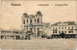 1908 Temesvár, Timisoara; Losonczy tér, templom felállványozva javítási munkához, Délmagyarországi Gazdasági Bank rt., Délvidéki Földművelők Egyesülete, üzletek / square, church in reconstruction, bank, shops, Farmers Association (r)