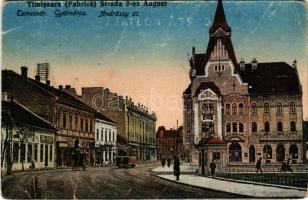 Temesvár, Timisoara; Fabrica, Strada 3-ea August / Gyárváros, Andrássy út, üzletek, villamos. K. J. Bp. 1919/23. / Fabrica, street, shops, tram (gyűrődések / creases)