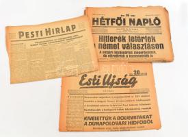 1932, 1944 3 db újság (Pesti Hírlap, Esti Ujság, Hétfői Napló), sérültek