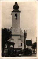 1940 Csíkszereda, Mercurea Ciuc; Római katolikus templom, Székelykapu. Elekes M. kiadása, Biró felvétele / churc, Transylvanian wooden carved gate (Rb)