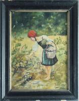 Jobbágy jelzéssel (XX. sz. eleje): Virágszedő lány, 1917. Olaj, vászon, kartonon. Hátoldalán Tóth Gyula debreceni képkeretező bélyegzésével. Antik, kissé sérült fakeretben. 34×25 cm