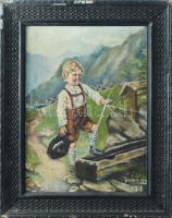 Jobbágy jelzéssel (XX. sz. eleje): Vízhordó kisfiú, 1917. Olaj, vászon, kartonon. Hátoldalán Tóth Gyula debreceni képkeretező bélyegzésével. Antik, kissé sérült fakeretben. 34×25 cm