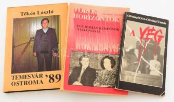3 db Ceausescuval és Romániával kapcsolatos könyv: Oltványi-Oltványi: A vég; Vörös horizontok; Tőkés László: Temesvár ostroma '89. Kötetenként változó kötésben és állapotban.