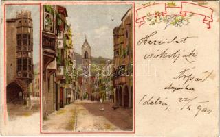 1900 Vipiteno, Sterzing (Südtirol); main street, shops, inn. Art Nouveau, floral, litho (wet corner)
