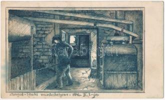 Olvashatatlan jelzéssel: Angol-parki (Angolparki) munkahelyem, 1946. Tus, akvarell, papír. Angol park új étterem menü kártya hátlapján. 12×20 cm