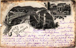 Karlovy Vary, Karlsbad; Alte und Neue Wiese, Schlossbrunn / street view, railway, castle, fountain. Art Nouveau, floral, litho (b)