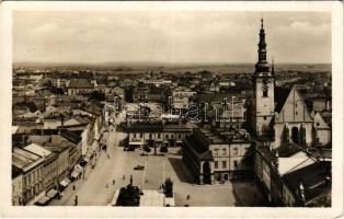 1949 Prostejov, Prossnitz; general view, square, shops, atuomobile (creases)