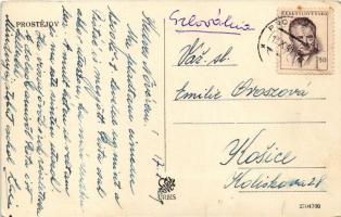 1949 Prostejov, Prossnitz; general view, square, shops, atuomobile (creases)