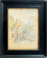 Háry Gyula (1864-1946): Buda, Országház utca, 1902. Akvarell, ceruza, papír, jelezve lent. Üvegezett, kissé sérült fakeretben, 19×14 cm