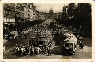 Praha, Prague, Prága; Václavské námestí / Wenzelsplatz / St. Wenceslas Square, tram, automobile, truck, shops (Rb)
