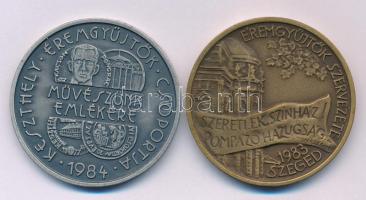 Tóth Sándor (1933-2019) 1983. "Juhász Gyula 1883-1937 / Szeretlek Színház! Pompázó hazugság... - Éremgyűjtők Szervezete Szeged" kétoldalas bronz emlékérem (42,5mm) + Bogár Lívia (1957- ) 1984. "Képíró Zoltán 1944-1981 / Művészünk emlékére - Éremgyűjtők Csoportja Keszthely" kétoldalas ezüstpatinázott bronz emlékérem (42,5mm) T:AU