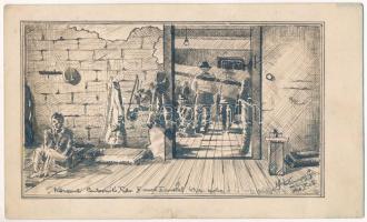 Olvashatatlan jelzéssel: Központi internáló tábor, III. ezred, II. emelet, 1946. Tus, papír. Angol park új étterem menü kártya hátlapján. 12×20 cm