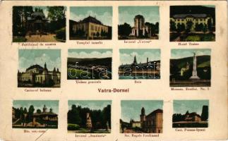1941 Vatra Dornei, Dornavátra, Bad Dorna-Watra (Bukovina); Templul izraelit, Hotel Traian, Baia, Casinoul balnear, Pavilionul de muzica, Cast. Poiana Itcani, Izvorul Sentinela, Izvorul Unirea, Monum. Eroilor No. 3. Bis. ort.-rom., Str. Regele Ferdinand / synagogue, hotel, music pavilion, casino, spa, bath, spring source, monument, church, street view. Sigmund Zimmet Nr. 510. (EK)