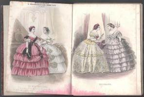 cca 1855-1865 Színes divatillusztrációk, a Divatcsarnok c. folyóirat mellékletei, össz. 32 db, kissé sérült félvászon-kötésben, helyenként foltos lapokkal