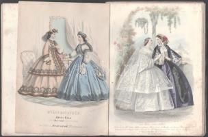 cca 1855-1865 Színes divatillusztrációk, a Divatcsarnok c. folyóirat mellékletei, össz. 32 db, kissé...