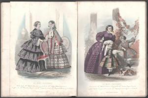cca 1855-1865 Színes divatillusztrációk, a Divatcsarnok c. folyóirat mellékletei, össz. 32 db, kissé...