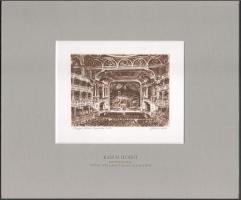 Gönczi Béla (1934-): Magyar Állami Operaház, rézkarc, papír, jelzett, paszpartun Kaszás Ildikó (1941?2024) balettművész, érdemes művész, a Magyar Állami Operaház örökös tagja 50 éves operaházi tagsága alkalmából aranyozott részére, paszpartun aranyozott felirattal, 10,5×14,5 cm