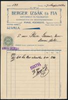 1917 Pomáz, Berger Izsák és Fia Bortermelő és Pálinkafőző cég kitöltött számlája 10 filléres okmánybélyeggel, "korona értékben" felülbélyegzéssel, hajtva
