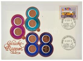 Svájc 1984. 1r bronz (8x) "Szerencselevél - 88.8.8. Heiligkreuz" felbélyegzett borítékon, alkalmi bélyegzővel T:UNC, kis oxidáció Switzerland 1984. 1 Rappen bronze (8x) in "Glücksrappen - 88.8.8. Heiligkreuz" envelope with stamp and cancellation C:UNC, small oxygenation