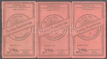 Lévay Ede: Physikai repetitorium. I-III. köt. (I.: Mechanika. II.: Akustika. Optika. Hőtan. III.: Elektromosság és mágnesesség.) Összeáll.: - - . Stampfel-féle Tudományos Zseb-könyvtár 78., 81., 85. sz. Pozsony-Bp., 1901, Stampfel Károly, 81+(3) p.; 85+(3) p.; 77+(3) p. Kiadói papírkötés, változó állapotban, egy kötet sérült gerinccel, helyenként ceruzás aláhúzásokkal, bejegyzésekkel.