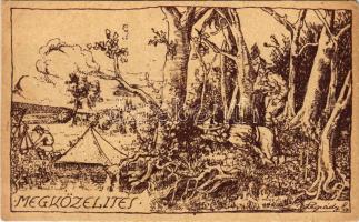 1922 Megközelítés. A Magyar Cserkészszövetség kiadása az országos cserkészjáték emlékére / Hungarian scout art postcard s: Légrády Sándor (EM)