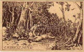 1922 Cserkészjáték. A Magyar Cserkészszövetség kiadása az országos cserkészjáték emlékére / Hungarian scout art postcard s: Légrády Sándor (lyukak / pinholes)