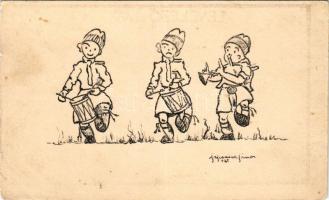 Dobosok, cserkész művészlap / Hungarian scout art postcard s: Jajesnica János (b)