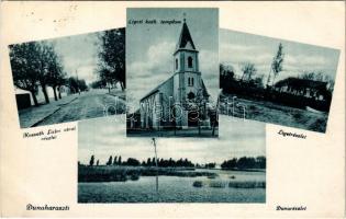 1937 Dunaharaszti, Kossuth Lajos utcai részlet, Ligeti katolikus templom, Duna részlet (EK)