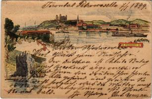 1899 Pozsony, Pressburg, Bratislava; Ezredéves Országos Kiállítás, Dévényi vár, gőzhajók / Devín castle, steamships, general view. Hungarian Millennium Exhibition, floral litho s: Morelli, Dörre T. + barna 2 Kr. Ga. (EB)