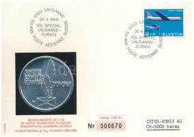 Svájc 1969. "50 éves a svájci légiposta" Ag emlékérem, számozott (670/1250), bélyeges levelezőlapon (5g/0.900/45mm) T:AU Switzerland 1969. "50th Anniversary - Swiss Airmail" Ag commemorative medallion on numbered (670/1250) postcard with stamps (5g/0.900/45mm) C:AU