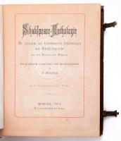 [Shakespeare, William] Shakspeare-Anthologie. Die schönsten und bedeutsamsten Schilderungen und Weisheitssprüche aus den Dramen des Dichters. Biographisch eingeleitet und herausgegeben von F[riedrich] Kreyssig. Hamburg, 1864, Vereinsbuchhandlung, 1 (címkép) t.+ XXIV+316 p. Német nyelven. Korabeli dekoratív, Shakespeare portréját ábrázoló fém plakettel díszített, dombornyomott, kapcsos egészvászon-kötésben, a borítón és a gerincen kisebb sérülésekkel, aranyozott lapélekkel, helyenként kissé foltos lapokkal.