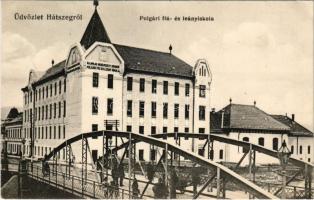 1913 Hátszeg, Hateg; Polgári fiú- és leányiskola, híd. Adler L. Oszkár fényképész / school, bridge (kicsit ázott sarok / slightly wet corner)