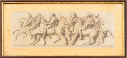 Görög lovasok, fríz, rézmetszet, papír, XIX. sz. 42x16 cm üvegezett keretben. Hátoldalán Alexandrosz macedón királyról szóló vers