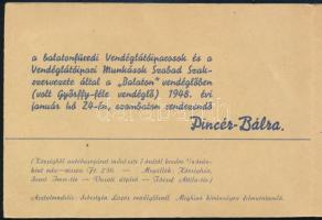 1948 Meghívó a balatonfüredi "Balaton" vendéglőben rendezendő Pincér-Bálra, postán elküldv...