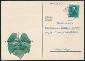 1933 A villányi Teleki Szőlőtelepek üzleti levelezőlapja postán elküldve, jó állapotban