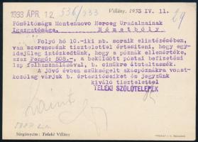 1933 A villányi Teleki Szőlőtelepek üzleti levelezőlapja postán elküldve, jó állapotban