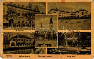 Losonc, Lucenec; Postapalota, Pénzügyi palota, római katolikus templom, városi park, Szilassy kastély / castle, post office, Roman Catholic church, park (gyűrődések / creases)