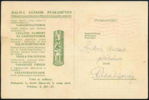 1930 Halwa Sándor puskaműves nyomtatványa terméklistájával a "Vizsla" vadásztöltény "Csütörtök"-mentes részletes ismertetésével, postán elküldve a rábahídvégi plébánosnak