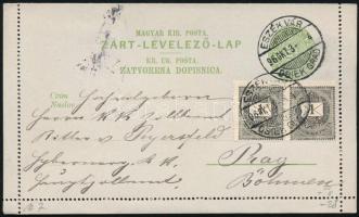 1896 3kr díjjegyes zárt levelezőlap 1kr párral díjkiegészítve "ESZÉKVÁR" kétnyelvű bélyegzéssel Prágába
