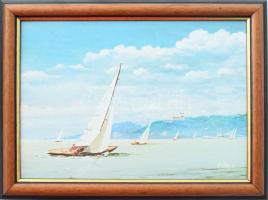 Győr jelzéssel: Balatoni vitorlások. Olaj, karton. Dekoratív fakeretben. 17x24 cm