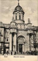 1911 Arad, Minoriták temploma, üzletek, hirdetőoszlop, fiáker / church, shops, advertising column, fiacre (EK)