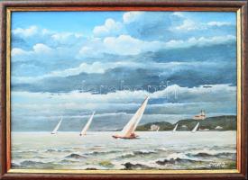Győr jelzéssel: Balatoni vitorlások. Olaj, karton. Dekoratív fakeretben. 21x29,5 cm