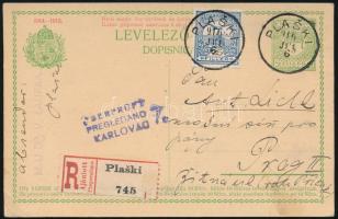 1916 Ajánlott 5f díjjegyes levelezőlap 25f díjkiegészítéssel Prágába "PLASKI"