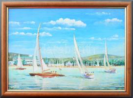 Győr jelzéssel: Balatoni vitorlások. Olaj, karton. Dekoratív fakeretben. 21x30 cm
