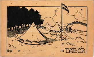 1922 Tábor. A KEG (Katolikus Egyetemi Gimnázium) cserkészcsapatok kiadása / Hungarian boy scout art postcard s: Velősy Béla (vágott / cut)