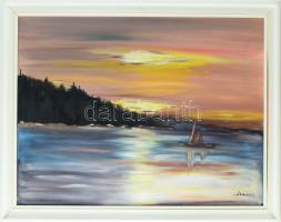 Livits László (-): Balatoni naplemente. Olaj, farost. Jelzett. Hátoldalán Képcsarnok címkével. Dekoratív fakeretben. 60x80 cm