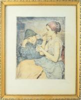 Glatz Oszkár (1872-1958) - Prihoda István (1891-1956): Szappan-buborék (Buborékfújók). Színezett rézkarc, papír. Jelzett (Glatz Oszkár). Üvegezett fakeretben. Jó állapotban. 35,5x26,5 cm.