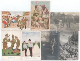 7 db RÉGI katonai témájú képeslap, közte 1 cserkész művészlap / 7 pre-1945 military postcards, with 1 scout art postcard